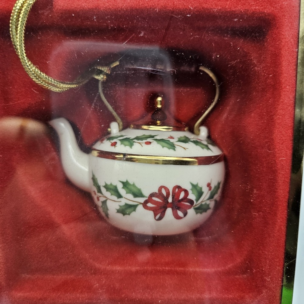 Lenox Holiday Tea Kettle Ceramic Hanging Ornament Holly Pattern Christmas - Picture 2 of 12